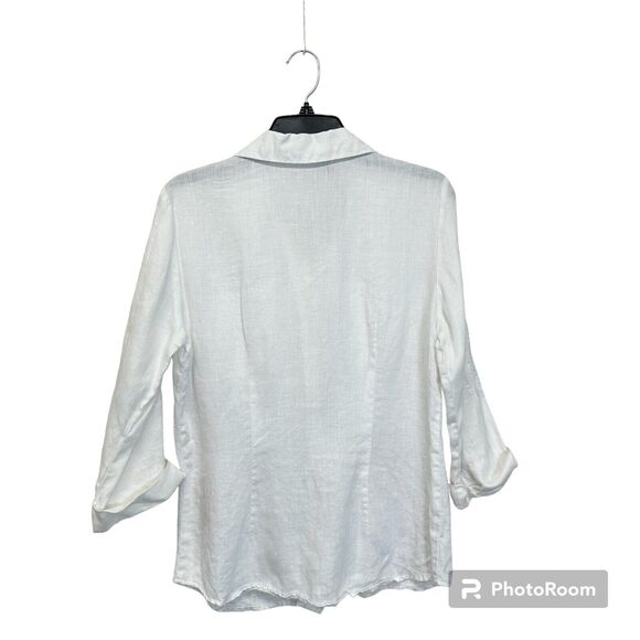 Edward Irish Linen Women’s S Blouse Button Down White Floral Beaded 3/4 Sleeve - Picture 2 of 10